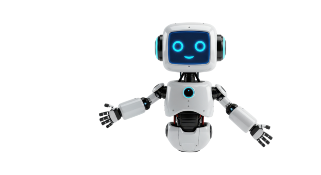 Friendly robot offering a warm welcome with open arms, perfect for tech innovation and future concepts