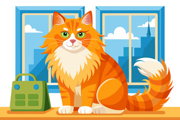 Fluffy orange cat sits by a window with city view