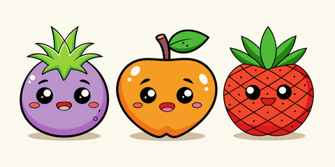 Cute kawaii fruits with happy faces