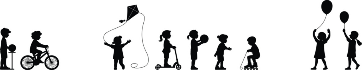 Silhouette of Children Playing Outdoors with Balloons, Bicycles, Kites, Scooters, and Skates, Happy Kids Activity Vector Isolated Illustration