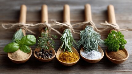 Various herbs and spices are elegantly tied with twine on wooden spoons, creating a warm and inviting presentation in a rustic setting