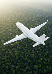 White airplane over dense forest