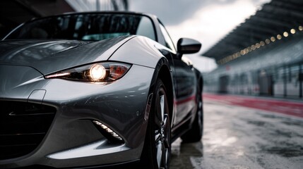 Bright headlights illuminate the sleek design of a sports car positioned on a racetrack, captured on a cloudy day, revealing its elegance