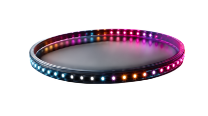 Color-changing LED strip lights arranged in a circular shape glowing softly isolated on transparent background