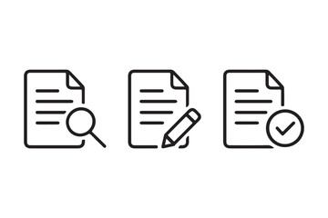 document icons. paper symbol containing search, edit, tick, cross sign. transparent png and vector illustration.