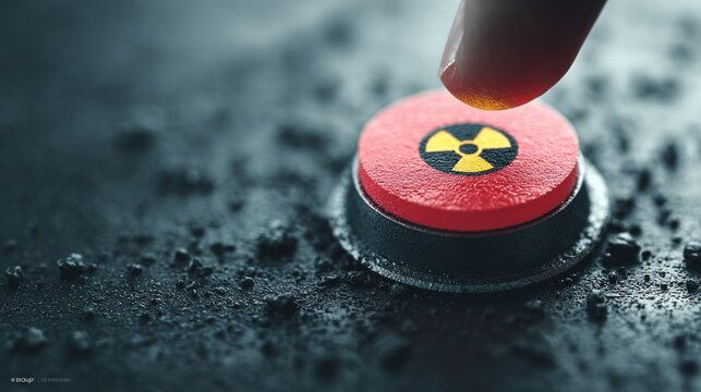 A finger is pressing a bright red button marked with a radioactive symbol against a textured surface, showcasing a macro design