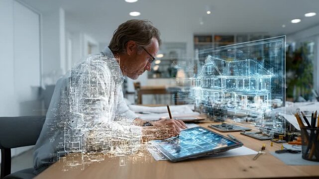 Architect's Vision: An experienced architect meticulously sketches plans, merging physical design with digital projections and using a tablet, showcasing creativity and innovation.