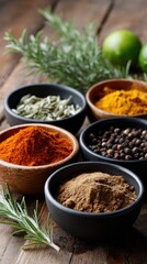 Fototapeta premium This arrangement showcases aromatic spices and herbs featuring cayenne pepper powder, black chilies, and fresh lime leaves among others