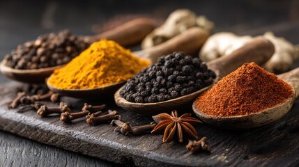 Spoons filled with vibrant spices and seeds showcase a variety of flavors ideal for enriching dishes and promoting health