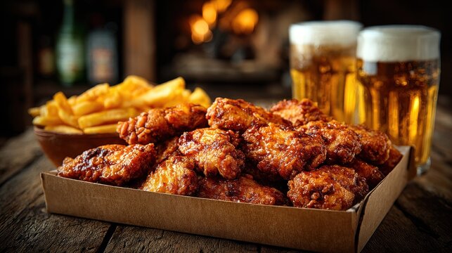A delicious combo menu showcases crispy chicken pieces served with golden fries and two frosty beers in a warm, rustic environment