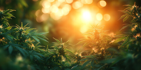 Marijuana Leaves Background. Cannabis leaves on a sunny blurred background with copy space, perfect for CBD branding and cannabis marketing. Cannabis plantation