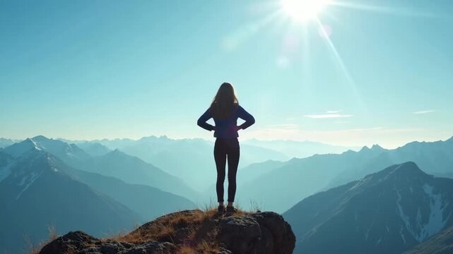 Authentic and cinematic portrait of real young woman stand on mountain top and look at sky, enjoy nature and quiet. Concept mindfulness and peace, new generation of conscious and r.