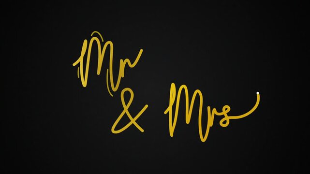 Mr & mrs One line continuous animated typography intro outro, mister misses hand drawn calligraphy monoline vintage text on background, aniamted Calligraphy lettering animation video, golden on black 