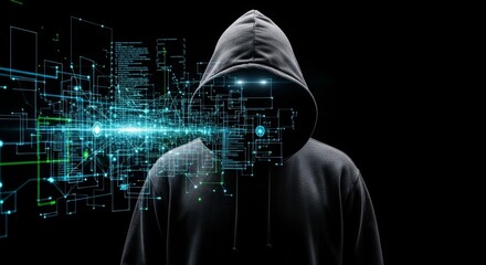 Hooded figure with digital network overlay against a dark background in a conceptual image