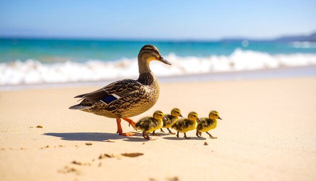 A mother duck and her ducklings walking on the beach near the ocean waters - Powered by Adobe