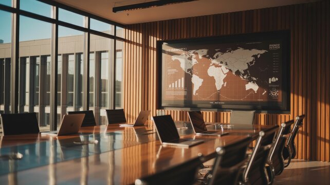 Sleek Conference Room with Global Strategy Overview Display
