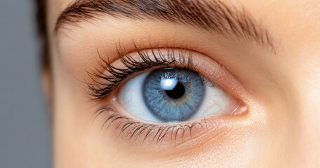 Obraz premium Close-up view of a human eye with blue iris and long eyelashes