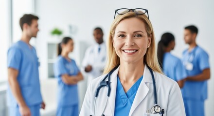 Fototapeta premium A smiling female doctor leads a medical team in a hospital