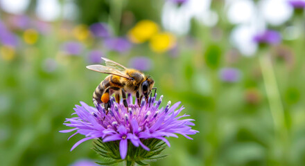 honeybee pollinating purple flower in meadow
