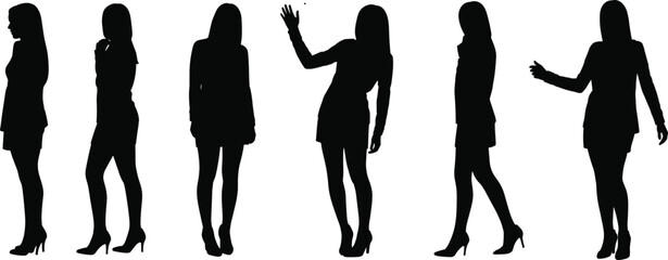 Silhouette of six confident women in casual business poses, stylish female characters standing and gesturing isolated on white background