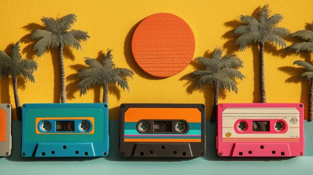 Colorful cassette tapes lined up against a vibrant palm background.