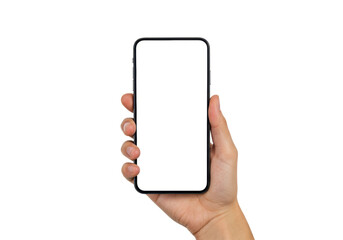 Adult hand (light-medium skin tone) holding a sleek black smartphone with blank white screen, top notch, on transparent studio background with copy space, no shadows, commercial mobile technology