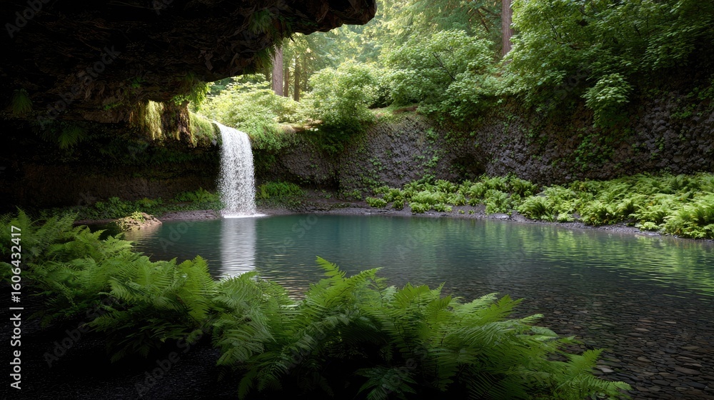 Poster serene waterfall cascading into a tranquil pool surrounded by lush greenery in a forest setting