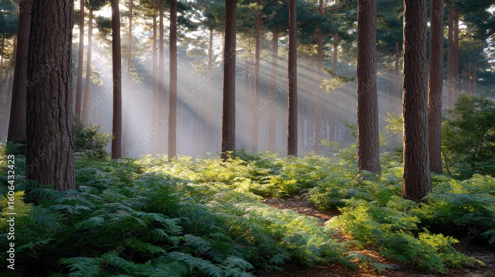 Poster serene forest landscape with sunlight rays filtering through tall trees and lush ferns in a tranquil