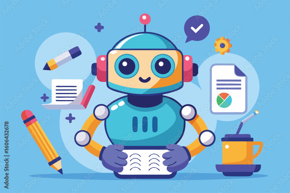 Aufkleber vector illustration depicting a cute ai robot assistant engaged in various tasks of organization and