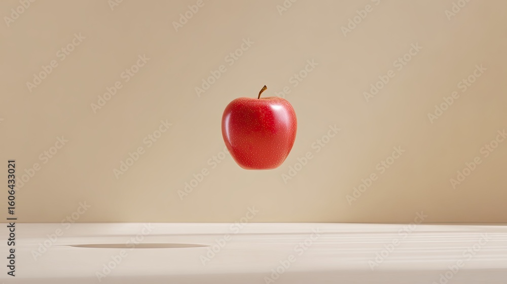 Poster floating red apple on a minimalist background with soft shadows and natural lighting