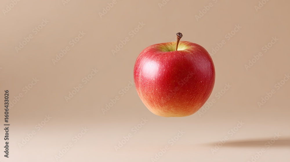 Poster fresh red apple with vibrant color floating against smooth neutral background in minimalist style