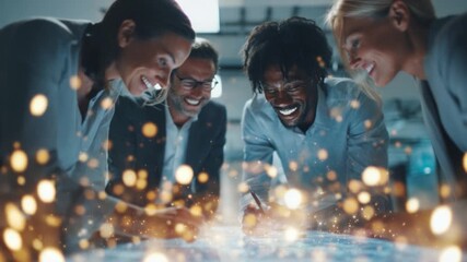 Teamwork Visionaries: A diverse group of business professionals gathers around a glowing table, sharing insights and laughing together, reflecting the spirit of innovation and collaborative. - Powered by Adobe