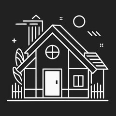 Charming line art illustration of a cozy house at night