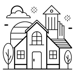 Stylized line art drawing of a house with a tower and sun