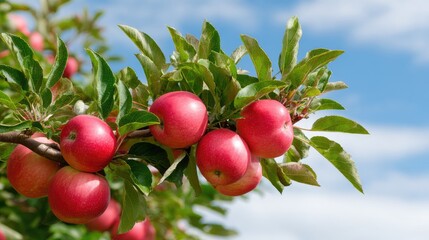 Obraz premium Fresh Red Apples Hanging on Branch Under Bright Blue Sky with Green Leaves in Orchard Setting