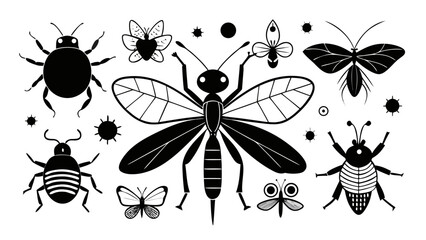 Collection of stylized black and white insect illustrations
