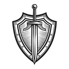 Black and white illustration of a sword and shield emblem