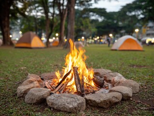 Bonfire burning brightly in a stone fire pit, tents pitched in the background on grassy field, evening ambiance with soft lighting in the backdrop.