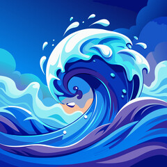 Dynamic blue ocean wave with white foam and spray