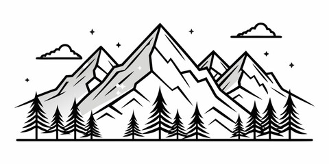 Stylized mountain range with pine trees and stars