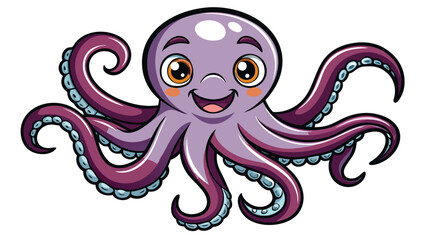 Happy purple octopus cartoon character with many tentacles
