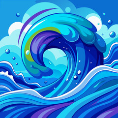 Stylized blue ocean wave with swirling water and bubbles