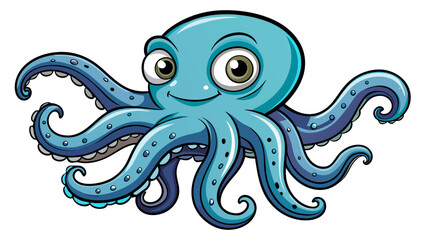 Happy blue cartoon octopus with many tentacles