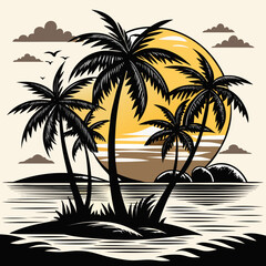 Tropical island sunset with palm trees and ocean waves