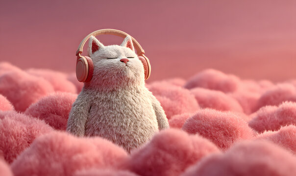 A cute cat with headphones is relaxing on pink clouds in a serene scene