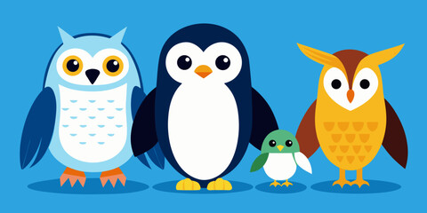Cute cartoon owls and penguin family on blue background
