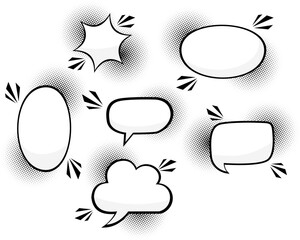 Comic speech bubble set in halftone retro style, vector template 