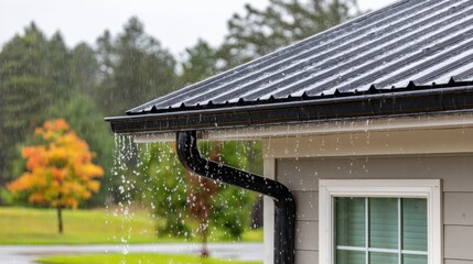 Rainwater flows from a black metal roof into a gutter, rain falling from roof into gutter, trees in background. © Netsai