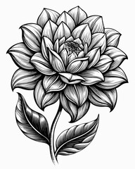 Detailed black and white illustration of a dahlia flower