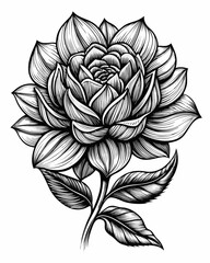 Detailed black and white line art of a dahlia flower